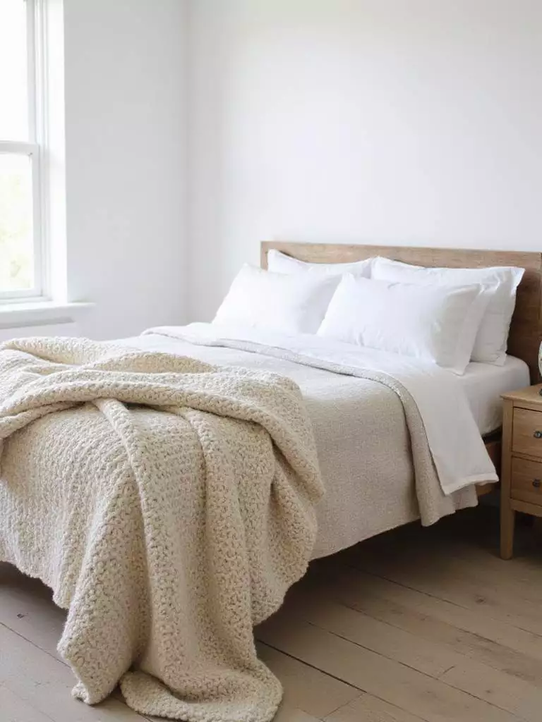 Farmhouse bedroom with white linen bedding and a cream-colored chunky knit throw blanket draped over the foot of the bed.