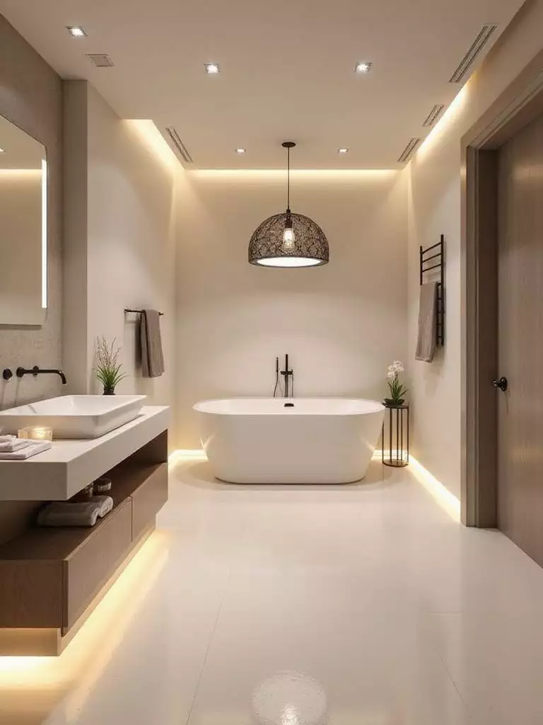 Luxurious bathroom with layered ambient lighting creating a spa-like atmosphere