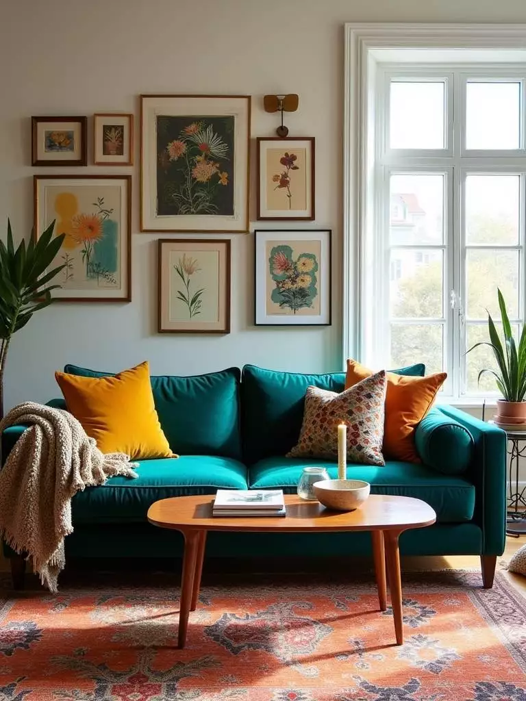 Eclectic living room with layered textures, patterns, and colors creating a luxurious and inviting space.