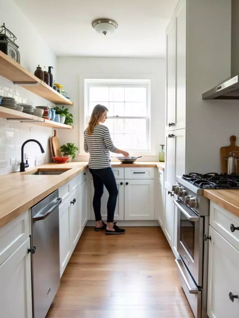 Efficient small galley kitchen layout with white cabinets and open shelving.