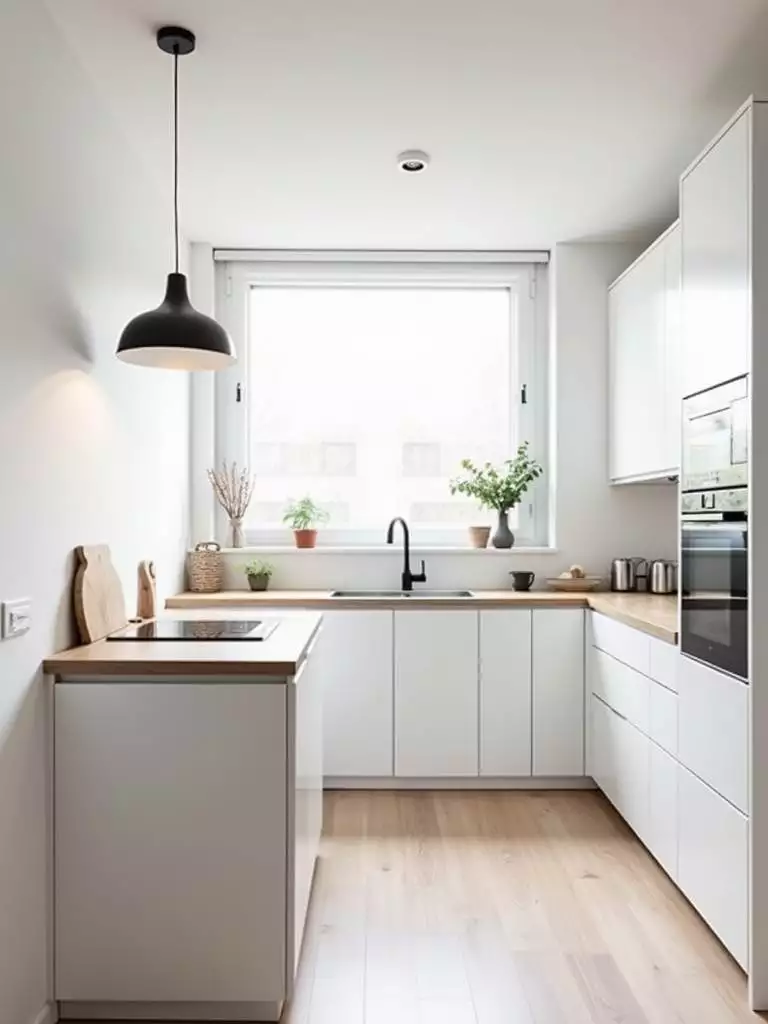 Minimalist small kitchen design with white cabinets and clean lines