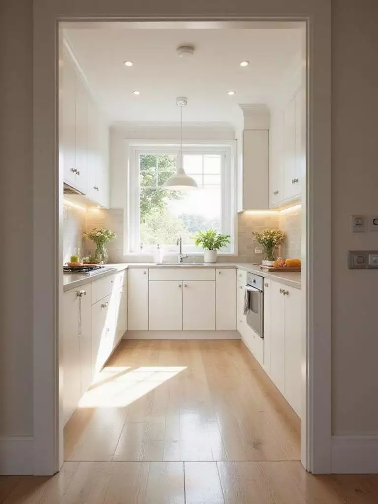 Bright and airy small kitchen with layered lighting, white cabinets, and natural light.