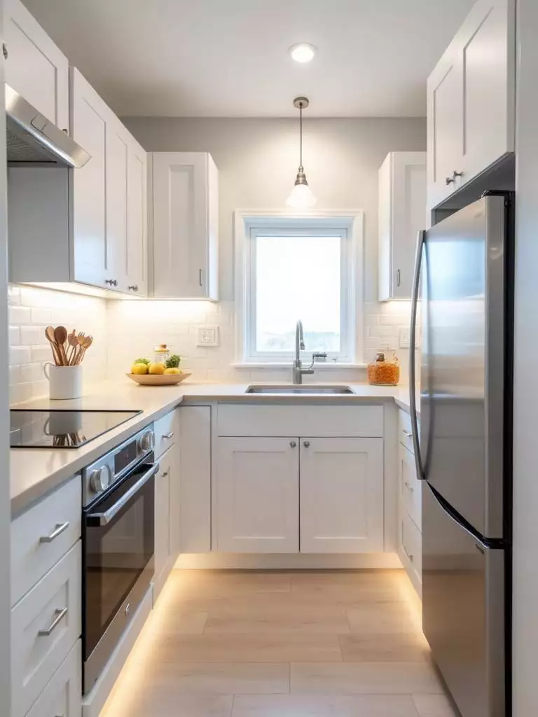 Small kitchen design with strategic lighting to maximize space and brightness