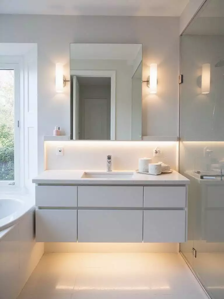 Modern bathroom vanity with new sconces and under-cabinet LED lighting.