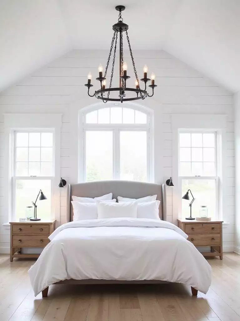 Farmhouse bedroom with rustic lighting fixtures, including a chandelier, table lamps, and sconces.