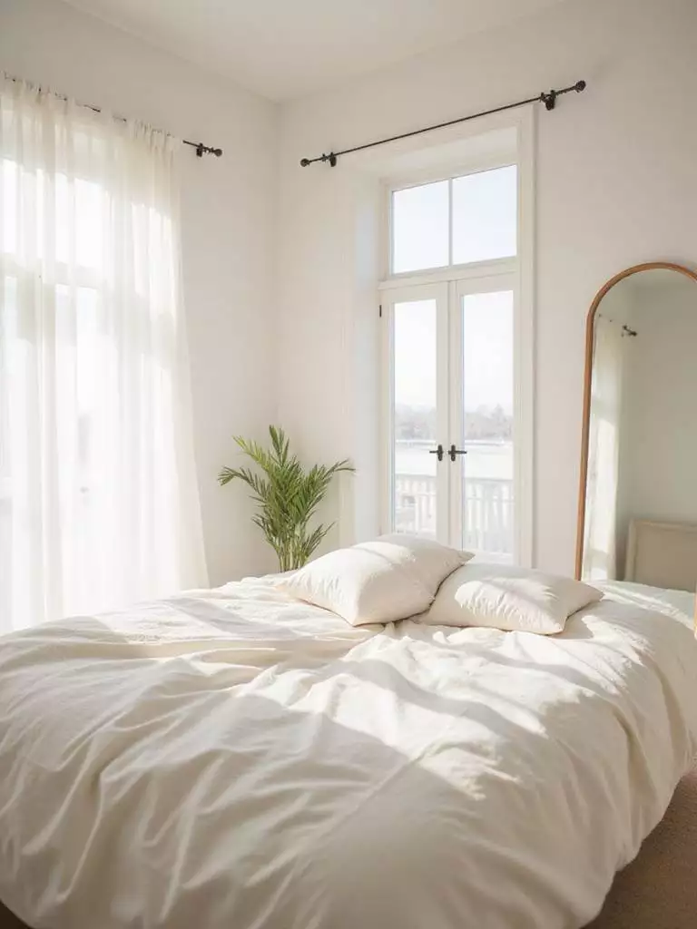 Bedroom interior filled with natural light streaming through sheer curtains.