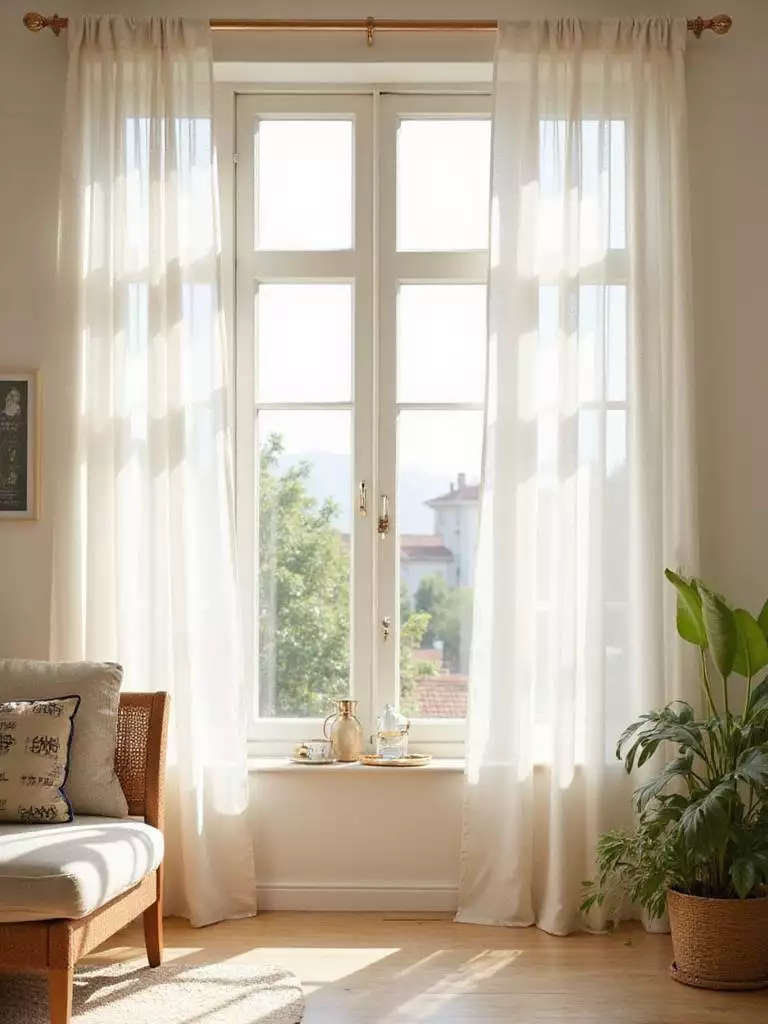 Bright living room with sheer curtains allowing maximum natural light.