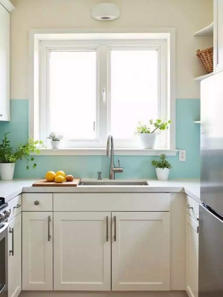 Bright white and pastel blue kitchen design to maximize space in a small kitchen