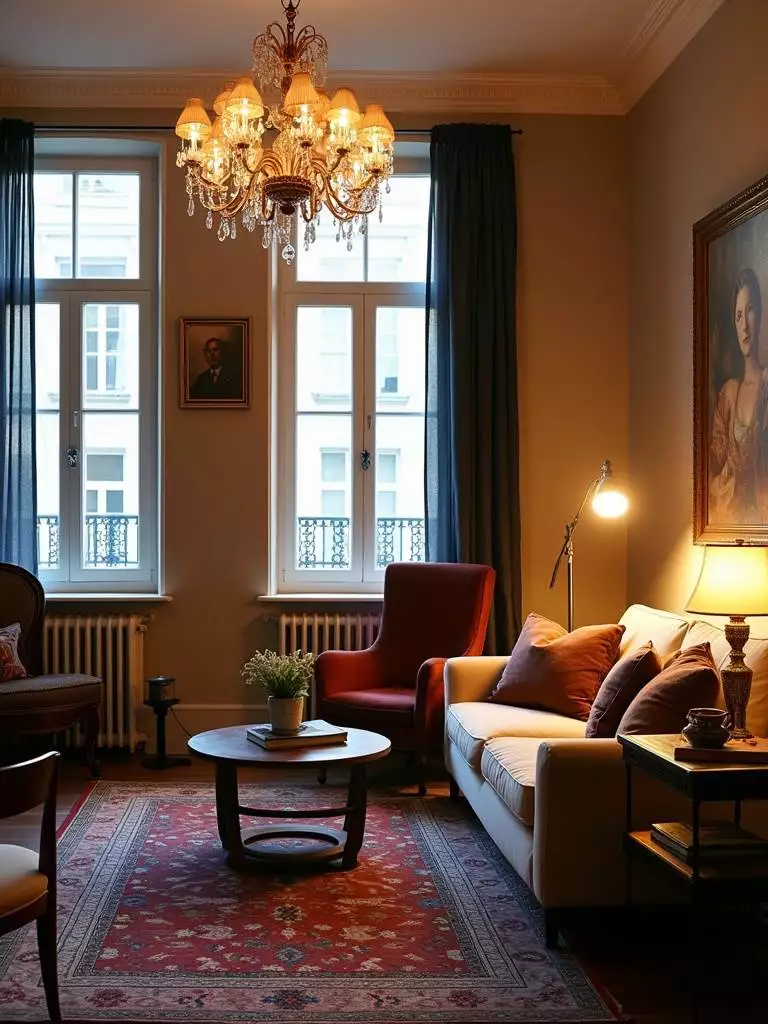 Eclectic living room with layered lighting: chandelier, floor lamp, and table lamp creating ambiance and drama.