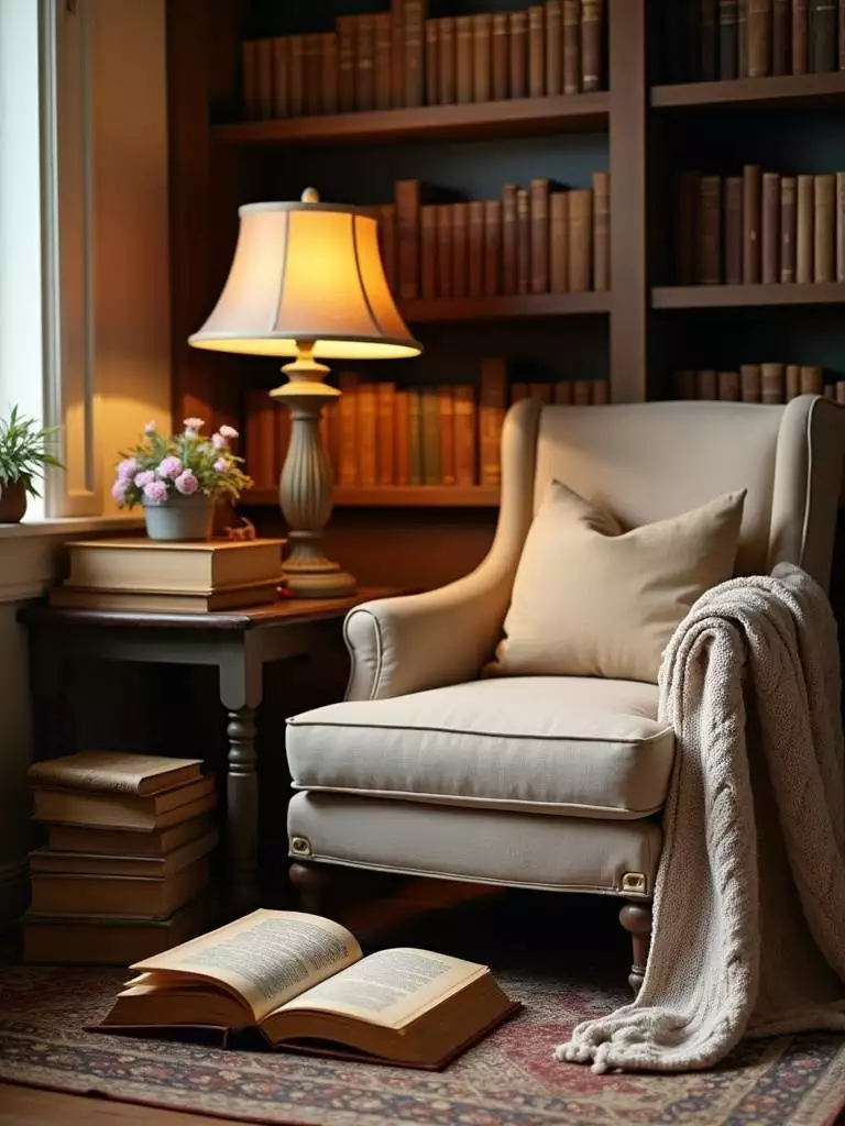Vintage bedroom literary nook with armchair and stacked book table