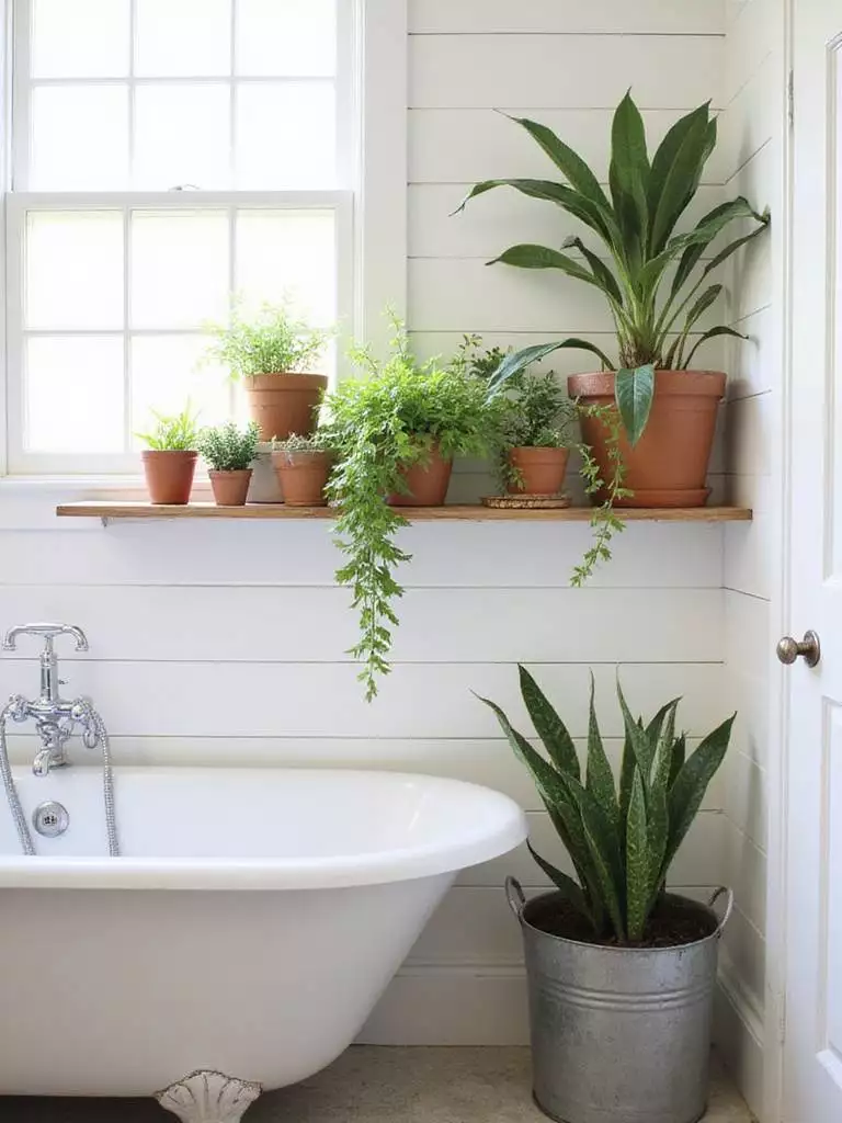 Farmhouse bathroom decor featuring lush greenery in rustic terracotta and metal pots on a shelf and near a clawfoot tub.