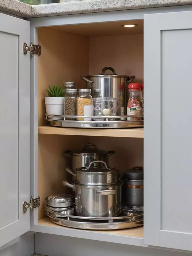 Corner kitchen cabinet with stainless steel Lazy Susan, showcasing organized pots, pans, and spices.