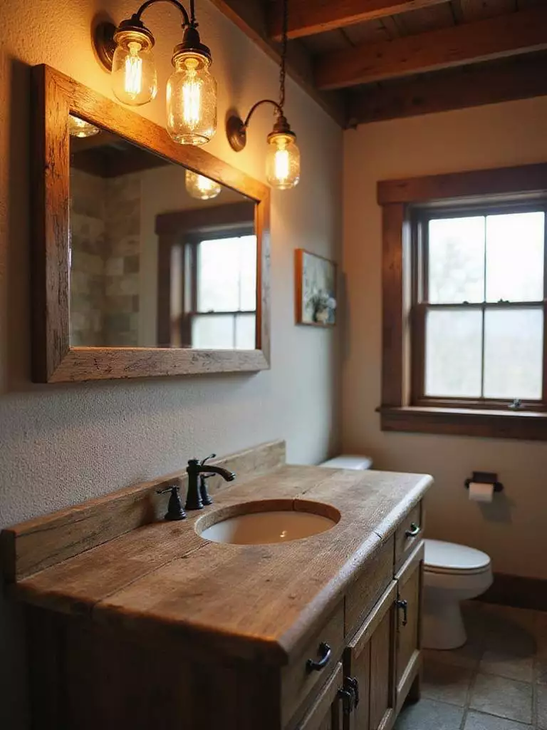 Rustic bathroom vanity with mason jar sconce lighting.