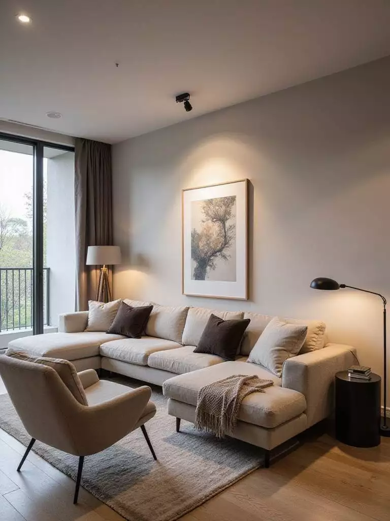 Living room interior showcasing layered lighting with ambient, task, and accent light sources.