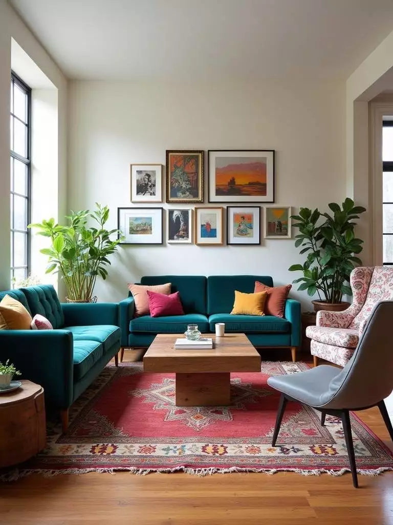 Eclectic living room featuring a mix of mid-century modern, vintage, and modern furniture styles.