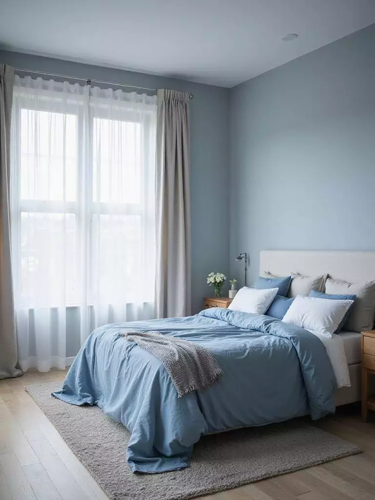 Relaxing blue and gray bedroom interior with soft natural light.