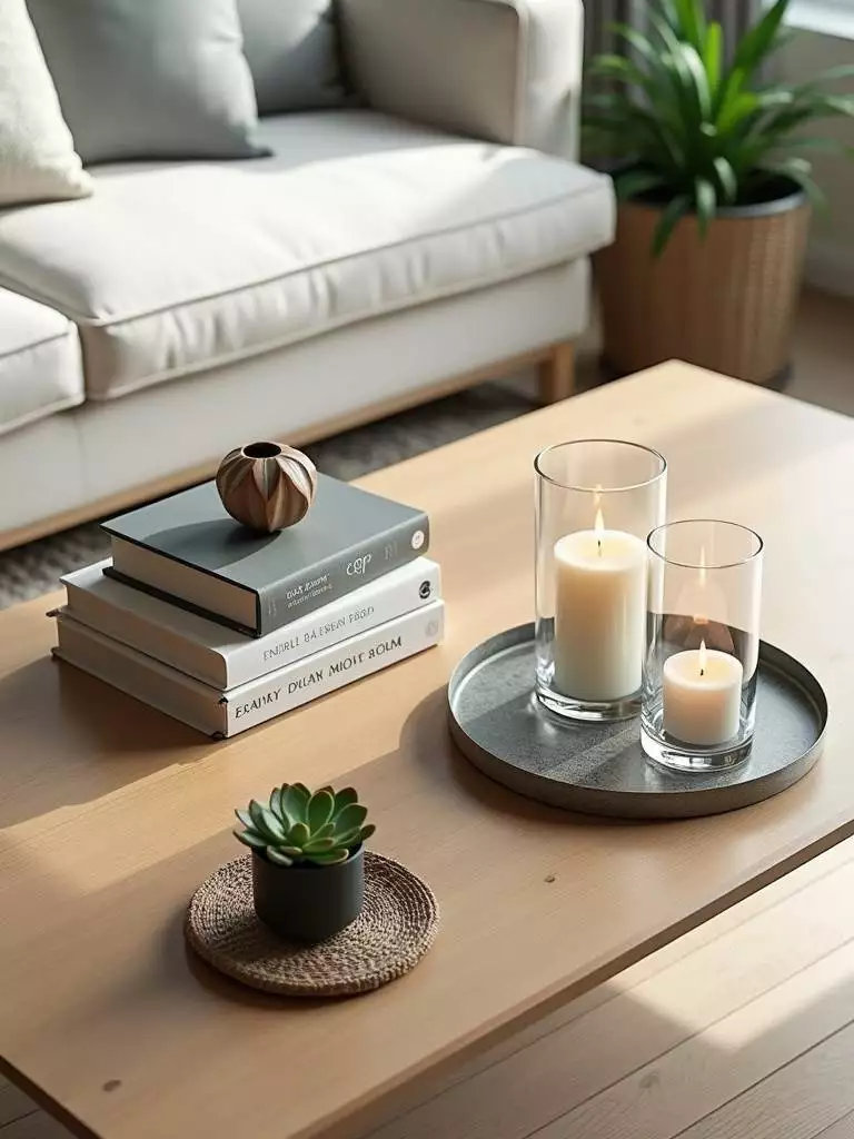 Coffee table styled using the Rule of Three with books, candles, and a succulent.