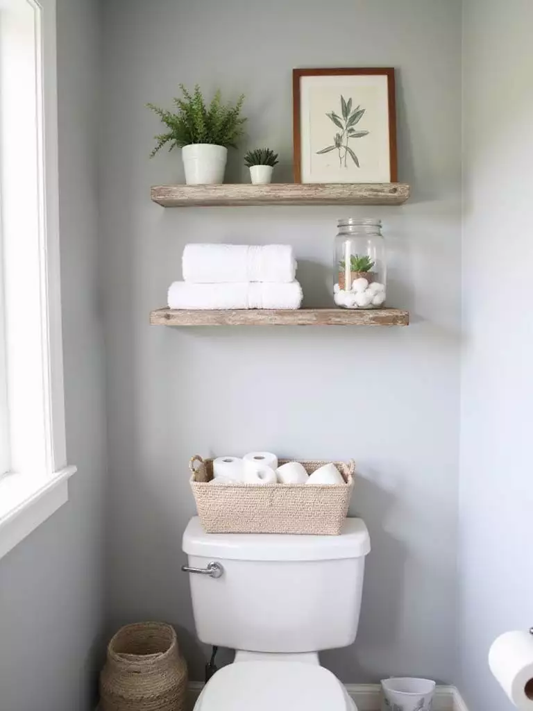 Over-toilet shelf in a modern farmhouse bathroom, styled with white towels, succulents, and vintage accents.