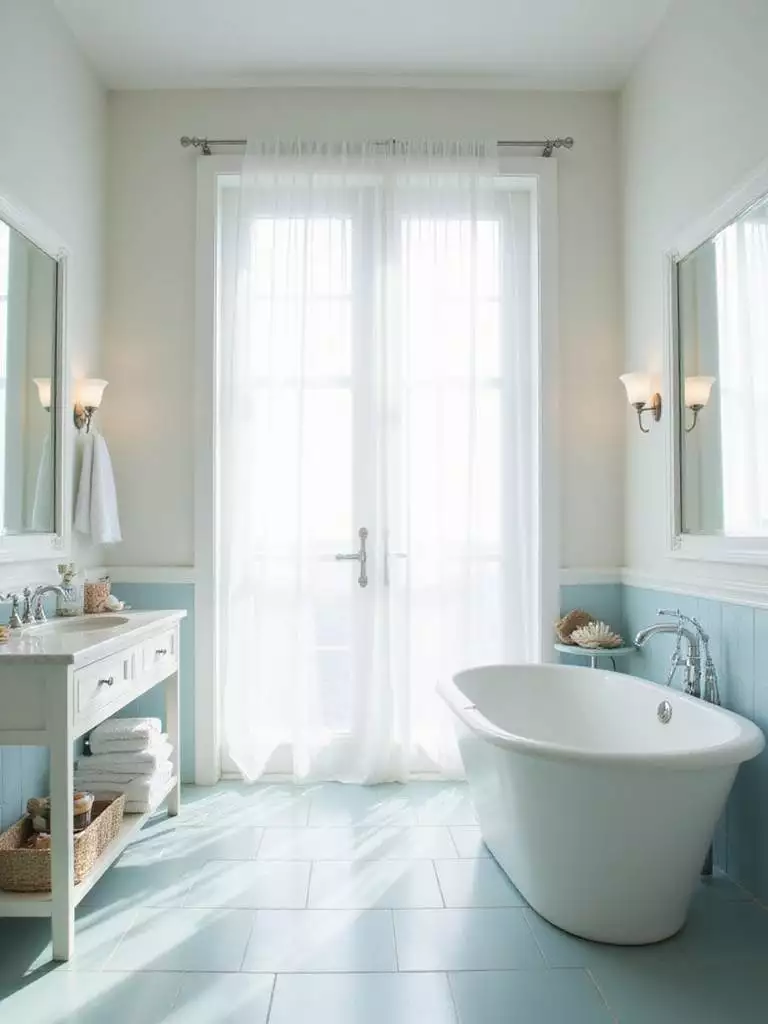 Bright and airy coastal bathroom with large window and sheer curtains, maximizing natural light