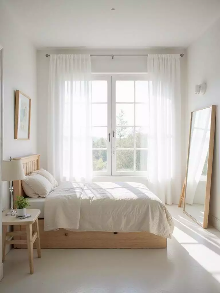 Bright and airy farmhouse bedroom with large window and sheer curtains.