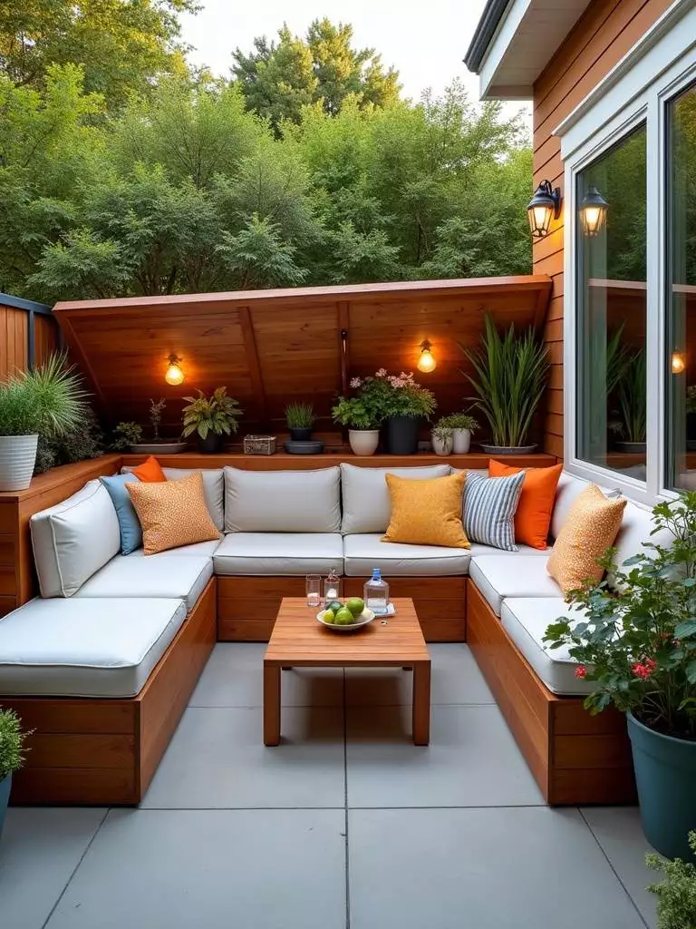 Built-in bench seating with storage on a modern backyard patio.