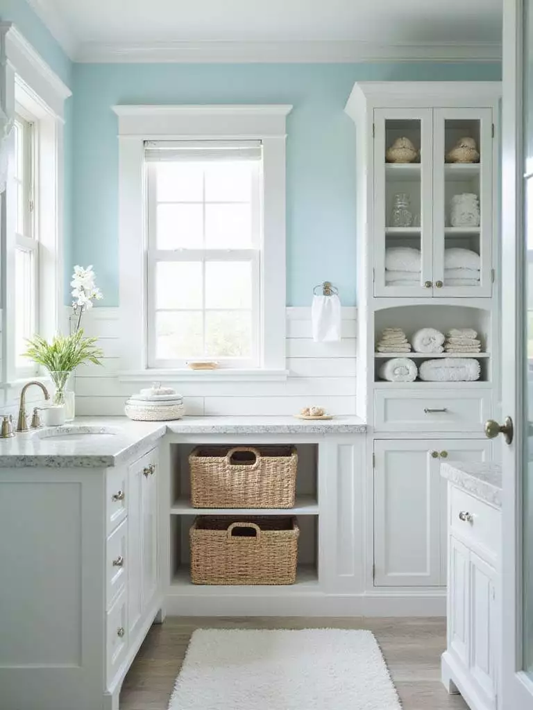 Coastal bathroom with shiplap vanity, woven baskets, and open shelving for smart storage.