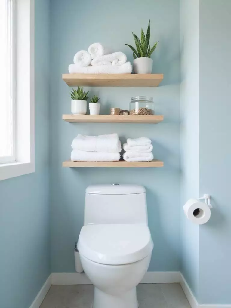 Bright modern bathroom with wooden shelving unit above the toilet displaying neatly folded towels and small plants.