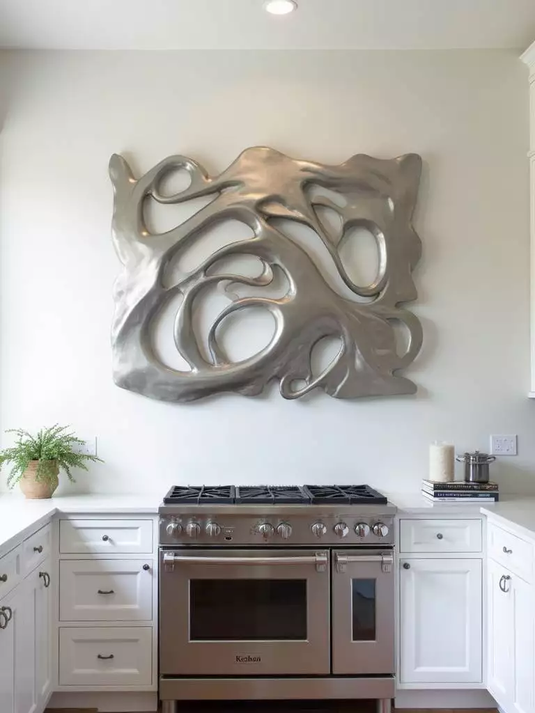 Modern kitchen with abstract stainless steel metal wall sculpture above the stove.