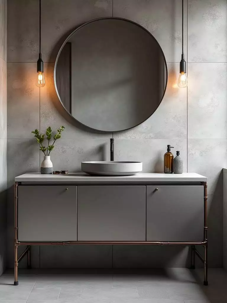 Stainless steel bathroom vanity with concrete countertop and exposed plumbing for industrial chic style