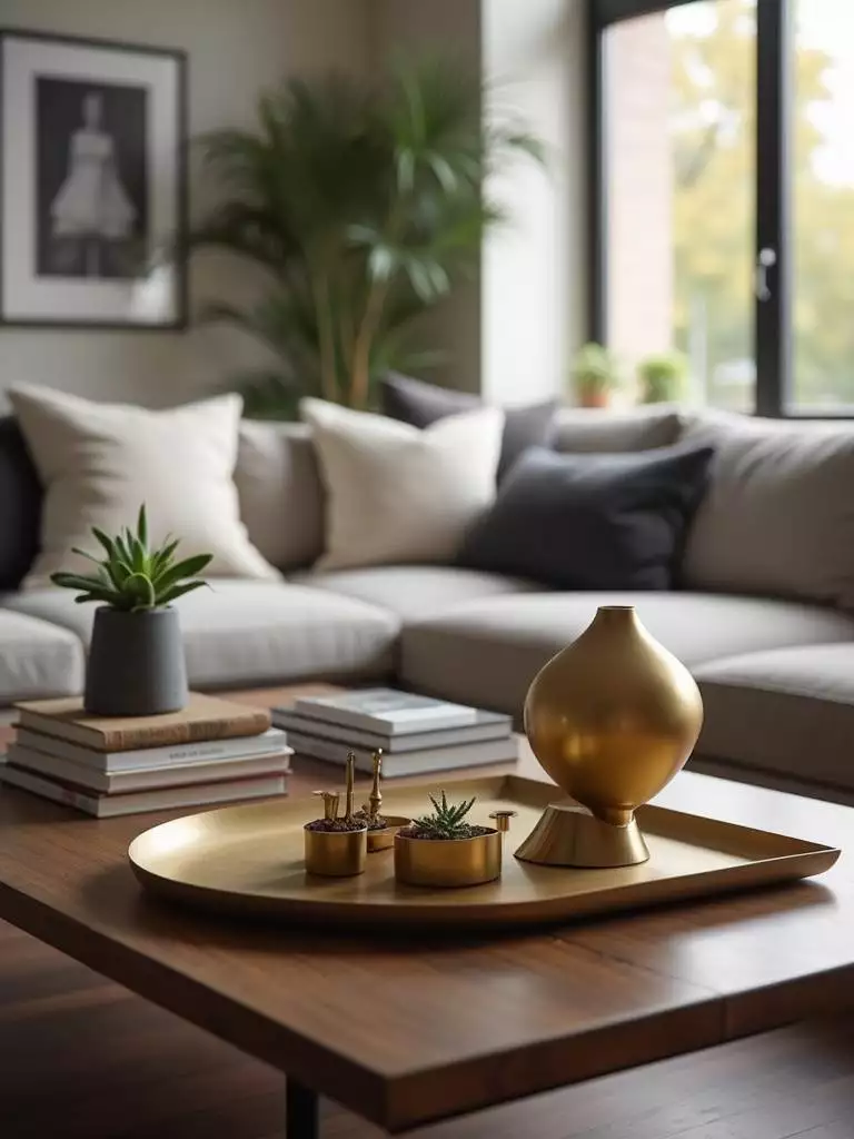 Coffee table styling with metallic accents: gold sculpture and brass tray.