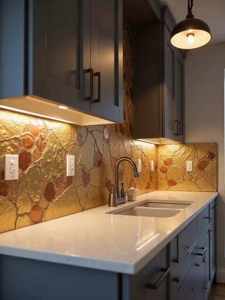 Contemporary kitchen with a geometric metallic backsplash featuring gold, copper, and bronze tiles.