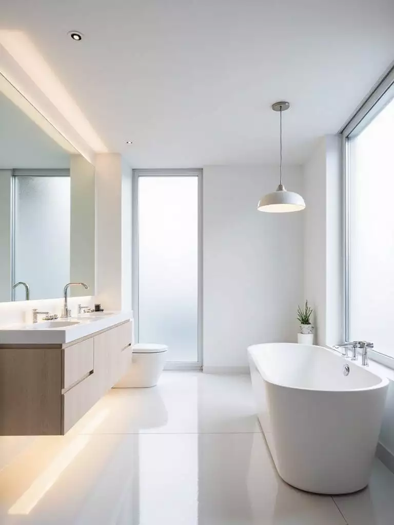 Minimalist bathroom with recessed lighting, under-cabinet LED strips, and a pendant light above a freestanding tub.