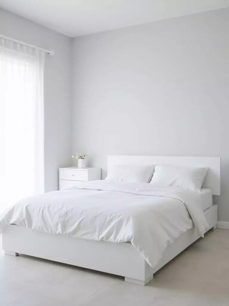 Minimalist white bedroom with platform bed and floating bedside table