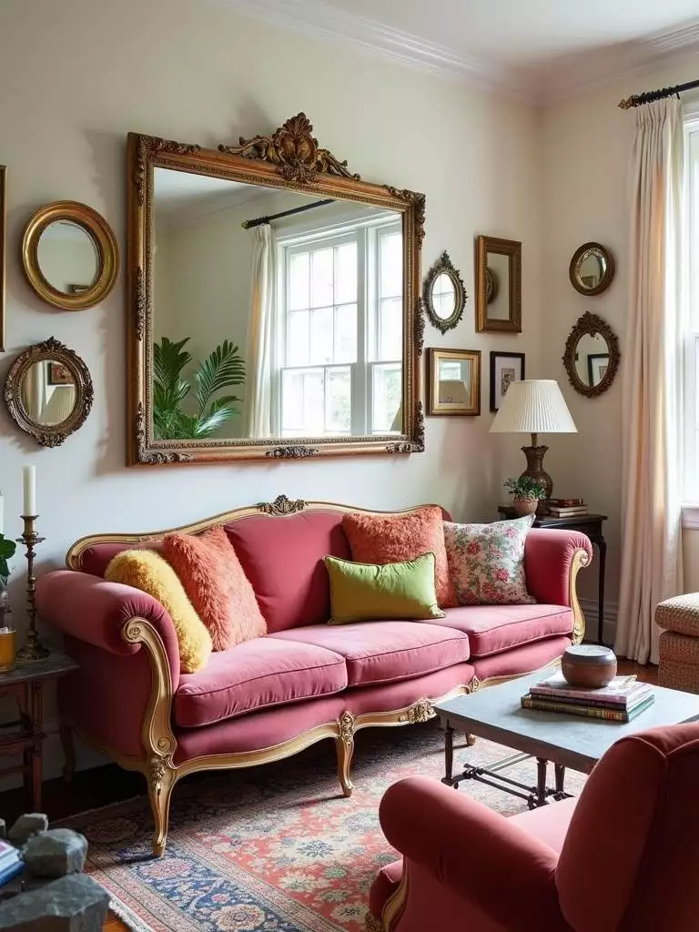Eclectic living room with a large gold-framed mirror expanding space and reflecting natural light.