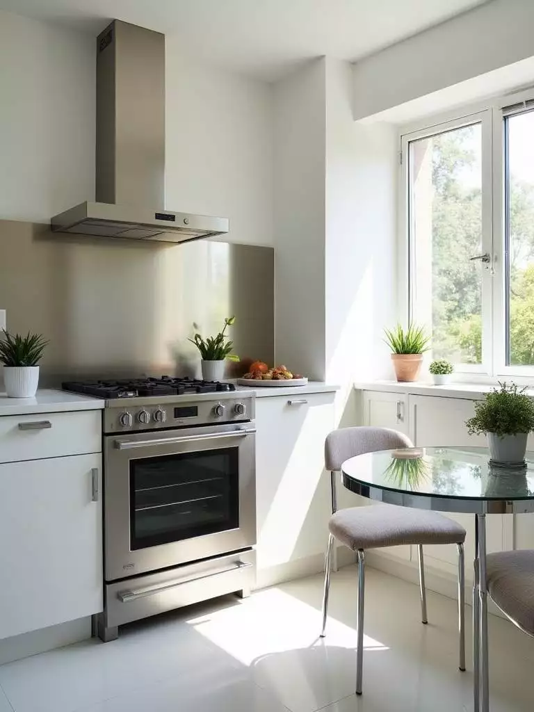 Small kitchen design with mirrored backsplash creating illusion of more space