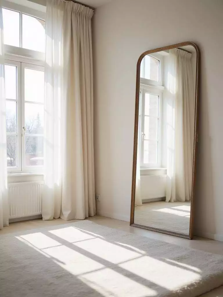 Bedroom with full-length mirror reflecting window and expanding the space.