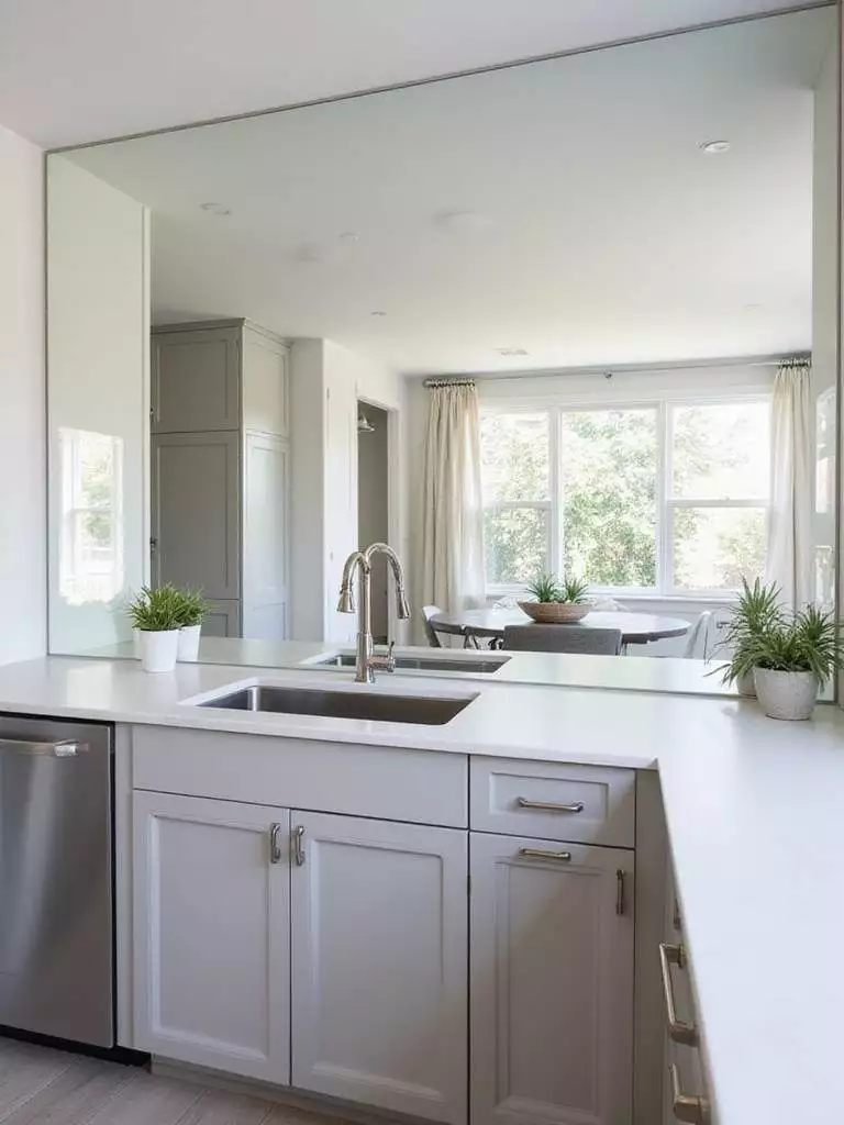 Contemporary kitchen with a light gray cabinets and a full mirrored backsplash.