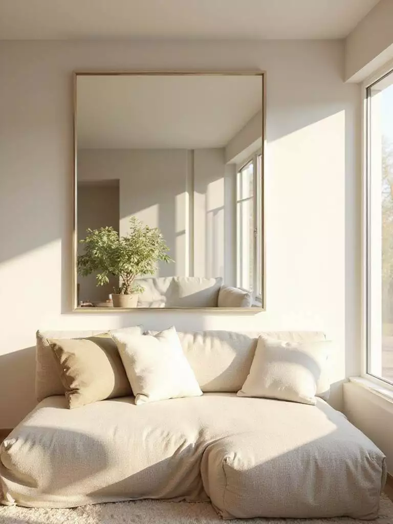 Living room with a large mirror reflecting natural light and creating a sense of spaciousness.