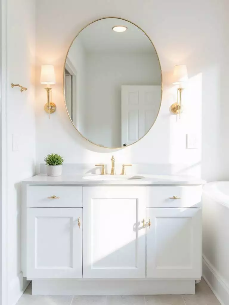 Bathroom vanity with round gold-framed mirror and sconce lighting.