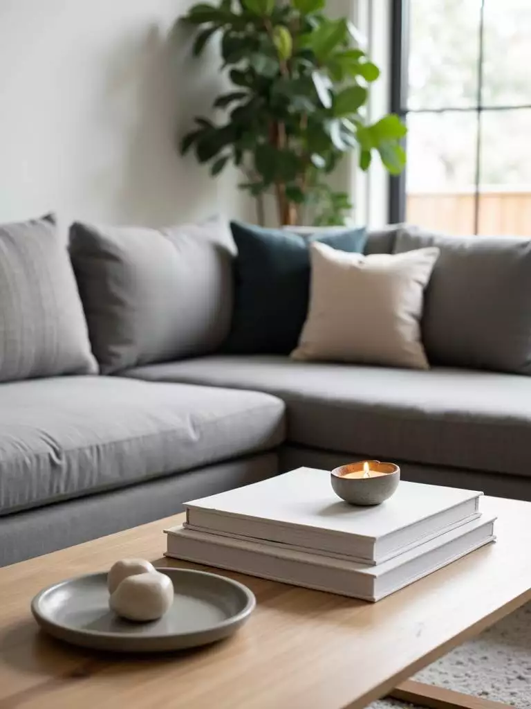 Modern living room with a light wood coffee table styled with a ceramic sculpture, design books, and a candle.