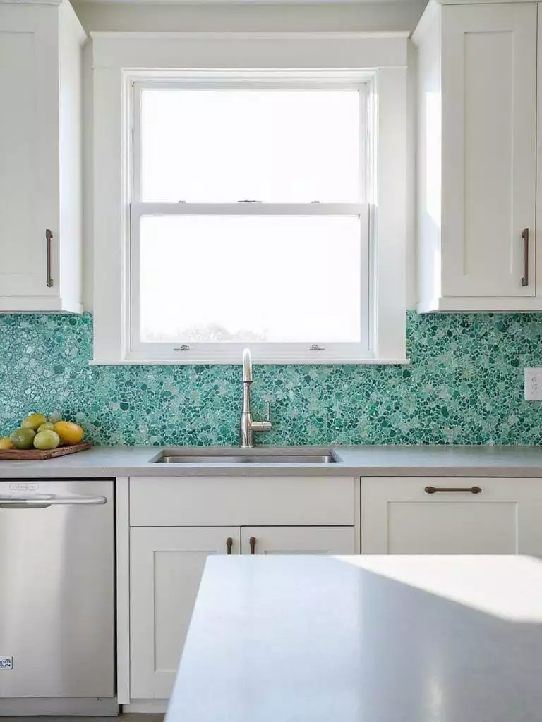 Contemporary kitchen with a teal, emerald green, and white geometric glass mosaic tile backsplash.