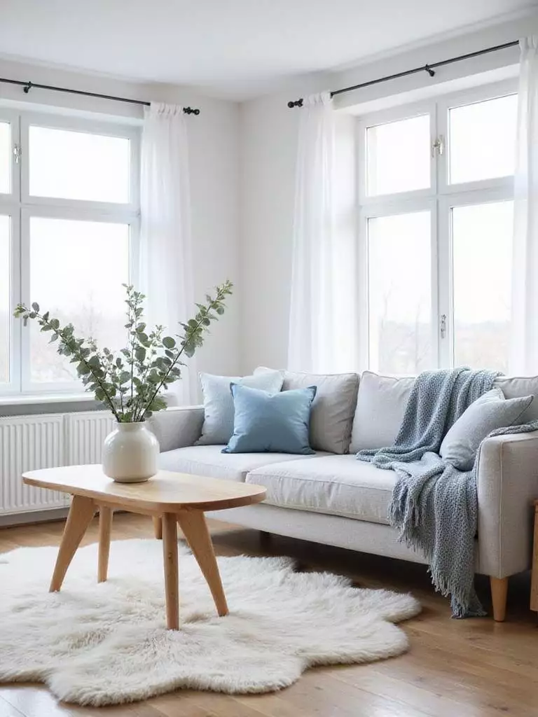 Scandinavian living room with muted blue accent cushions and throw blanket.