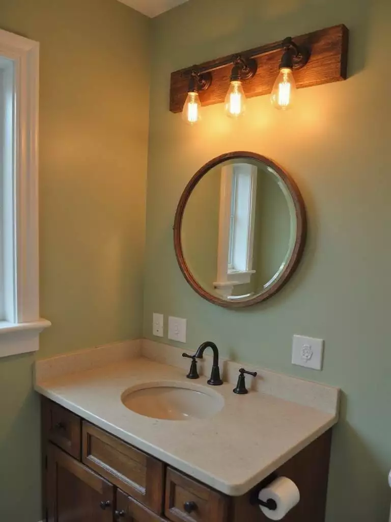 Rustic bathroom vanity with reclaimed wood lighting and Edison bulbs.