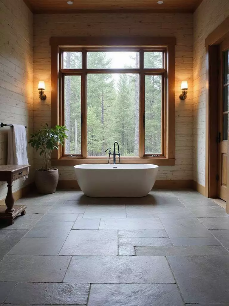 Rustic bathroom with natural slate flooring and freestanding tub