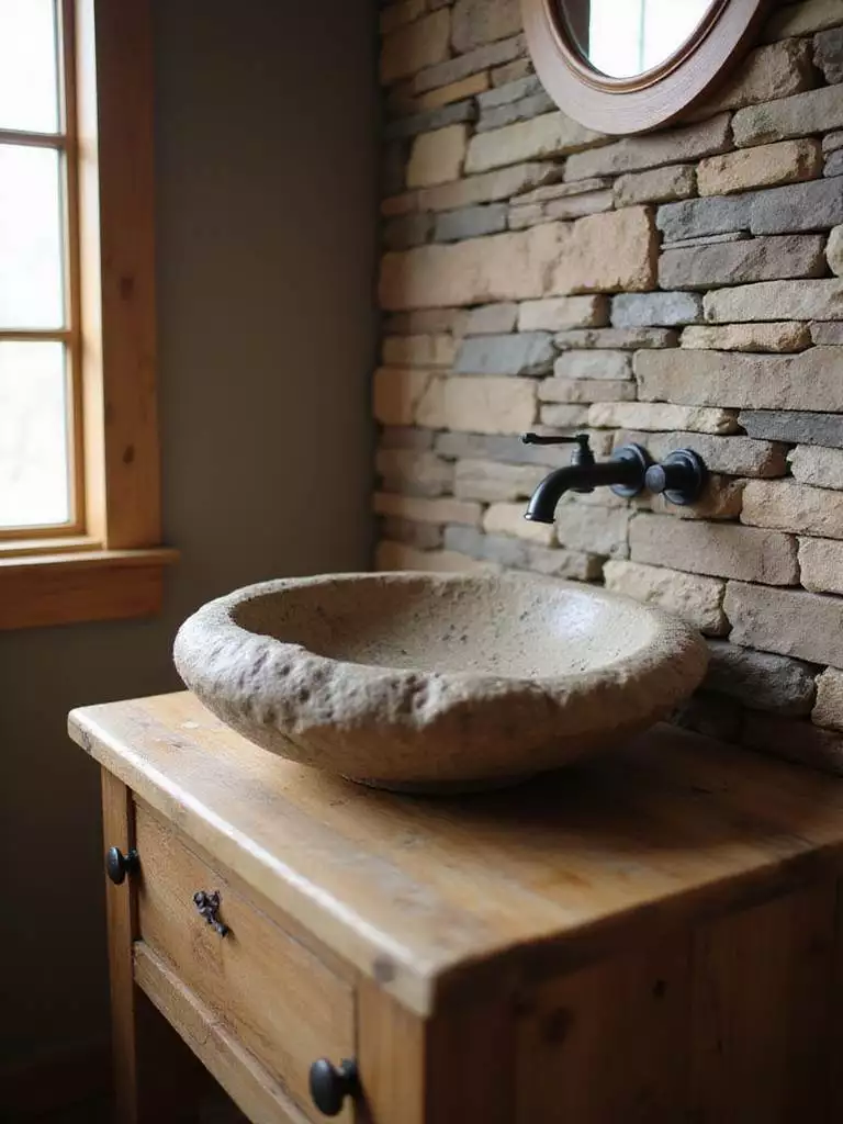 Rustic bathroom featuring a natural river rock sink and reclaimed wood vanity.