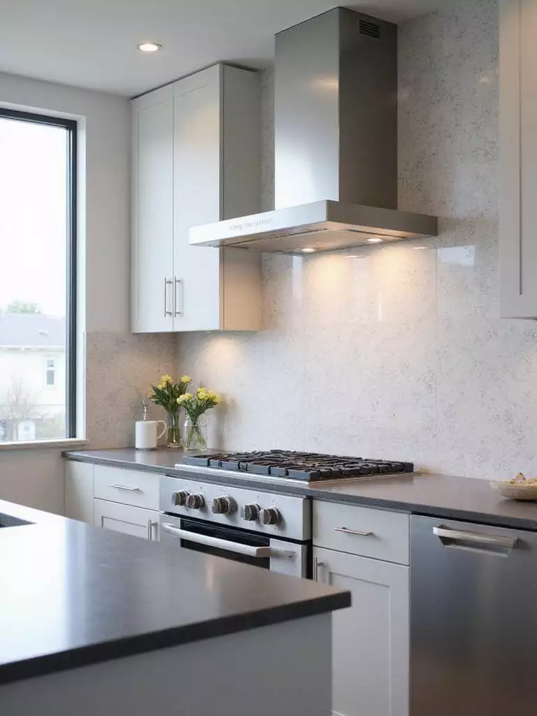 Contemporary kitchen with a quartzite slab backsplash.