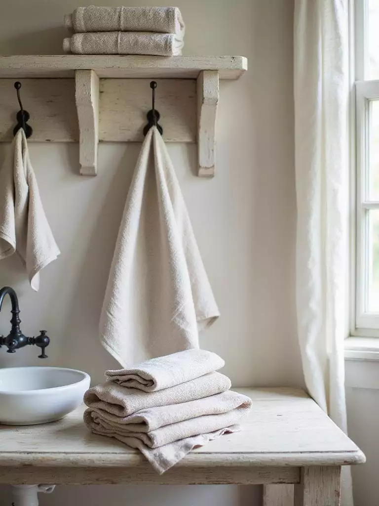 Soft neutral linen towels folded on a rustic wooden shelf in a farmhouse bathroom.