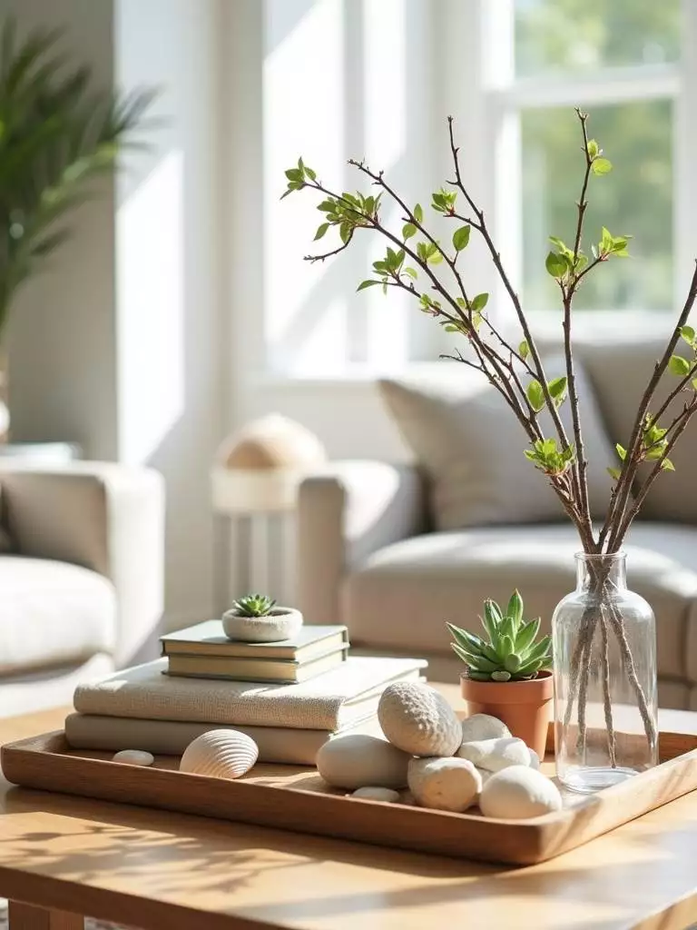 Coffee table styling with natural elements: succulent, river stones, seashell, and branches.