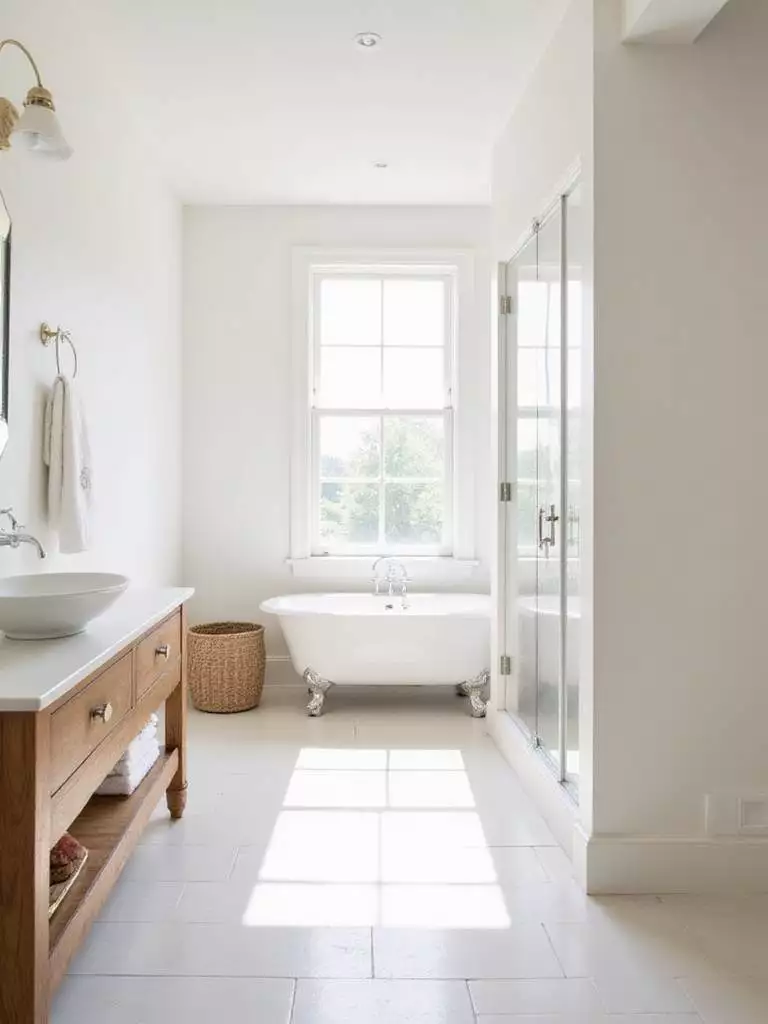 Serene farmhouse bathroom with soft white walls and natural light.