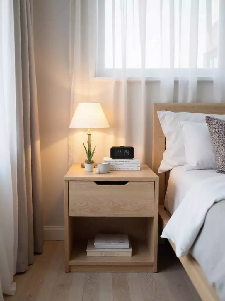 Stylishly decorated nightstand with lamp, books, and plant beside a bed.